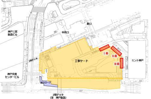 三ノ宮駅南側の工事ヤードと仮囲い装飾の位置